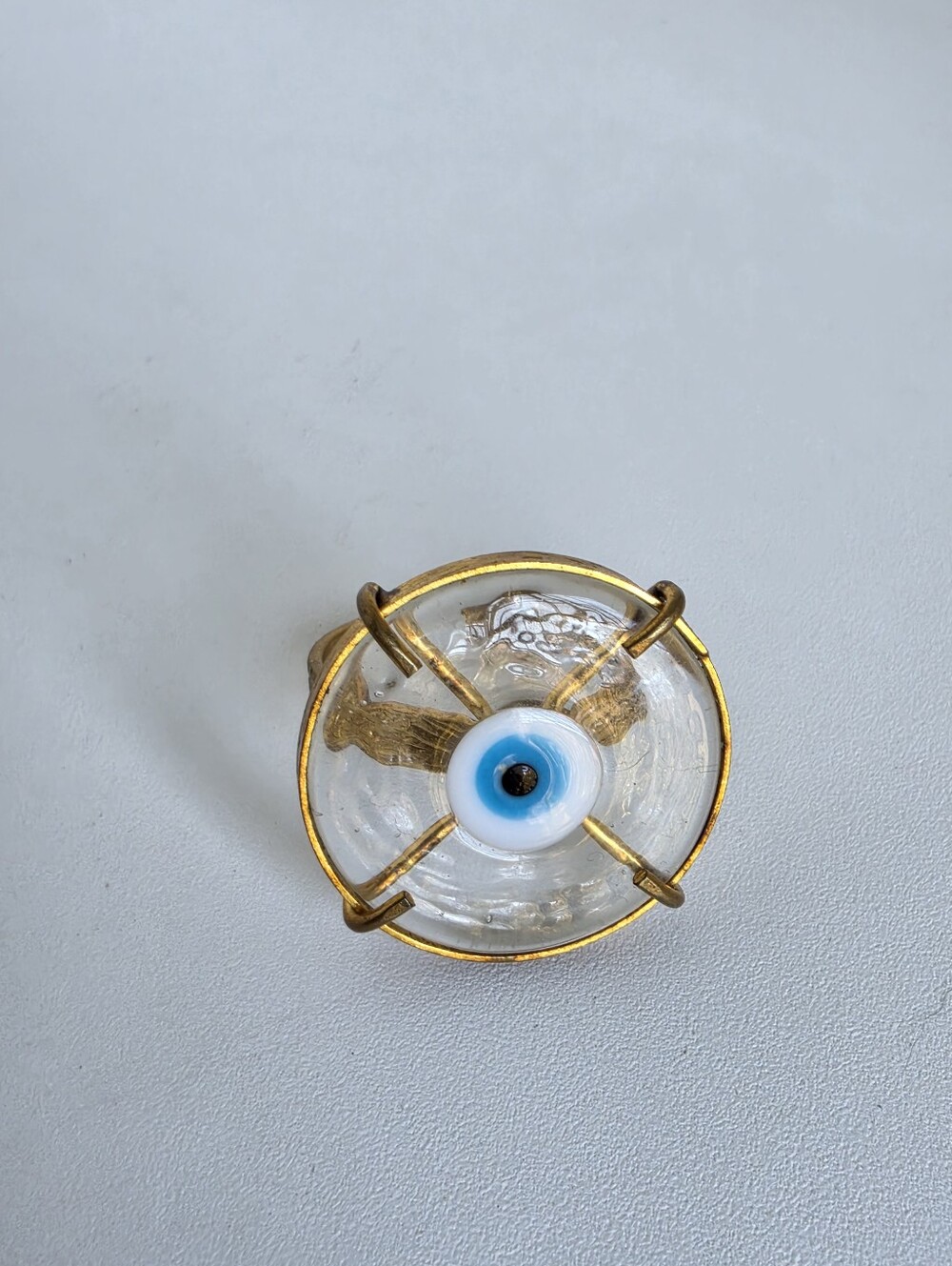Evil Eye Statement Ring Gold Tone Clear Blue Eye Adjustable